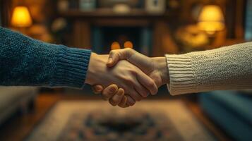 Close-up of two people shaking hands, with a living room background. 5 photo