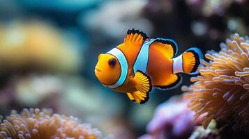 Nemo fish with bright orange color and striking black stripes, swimming in a colorful aquarium. 3 photo