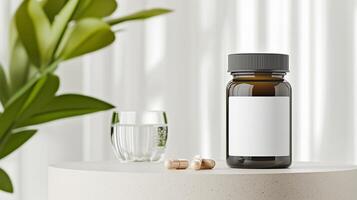 A bottle of matte brown jar with a blank white label on the table next to beige pills. 6 photo