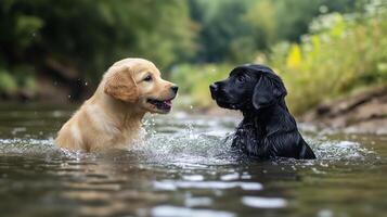 A golden and black retriever puppy playing in lake water. 1 photo