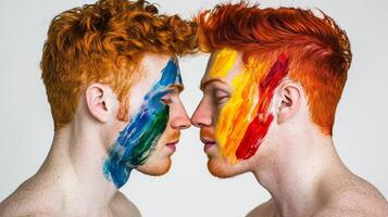 Two handsome men, with painted faces, are kissing against a white background. 1 photo