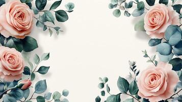 A luxurious wedding invitation design featuring floral borders with pink roses and eucalyptus leaves. 4 photo