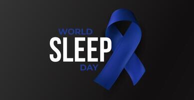 Blue awareness ribbon with World Sleep Day title on black background. Calm symbol of sleep health, rest disorders, daily wellness. Realistic glossy 3D style illustration vector