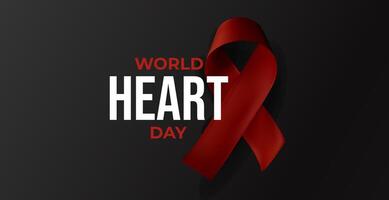 Red awareness ribbon with World Heart Day message on dark background. Cardiovascular health symbol, care, life-saving awareness. Realistic glossy 3D illustration vector