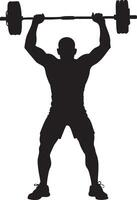 An athletic silhouette of a man effortlessly lifts a heavy barbell overhead, embodying the essence of power and dedication. vector
