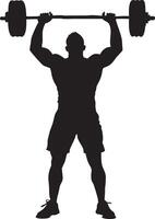 Power and Precision A muscular athlete silhouetted against a backdrop, the image encapsulates the essence of strength and determination as the individual hoists a barbell. vector