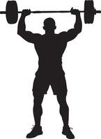 A determined silhouette of a weightlifter performing an overhead press, showcasing power and dedication in a monochrome composition. vector