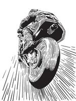 Pen and ink, hand drawn, illustration of motorcycle racer speeding on the track. vector