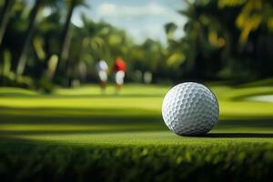 Golf ball on green with blurred players in background photo
