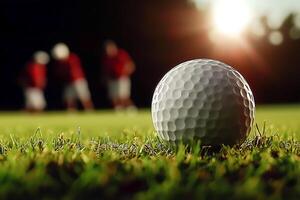 Golf ball on grass with players and sunset in background photo