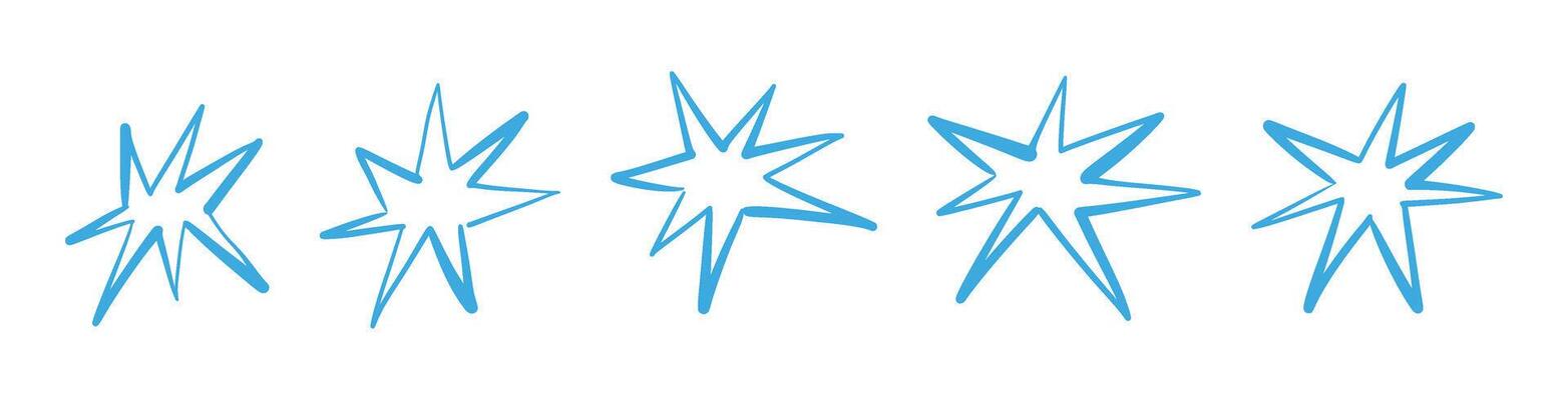 Hand-drawn star icons with crayon texture. Playful sketch elements, brush strokes and scribble patterns. Flat illustration isolated on white background.
