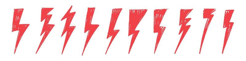 Hand-drawn elements lightning, thunderbolt sketchy crayon scribble style with rock vibe. Flat illustration isolated on white background. vector