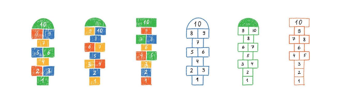 Hopscotch game child, fun outdoor activity for kids. Flat illustration isolated on white background.