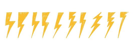 Yellow Hand-drawn lightning bolt with electric flash, thunder energy icon in doodle sketch style, glowing light symbol. Flat illustration isolated on white background. vector