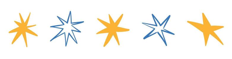 Blue and yellow hand-drawn star doodles with brush and crayon textures. Sketchy line patterns, graphic marker elements. Flat illustration isolated on white background. vector