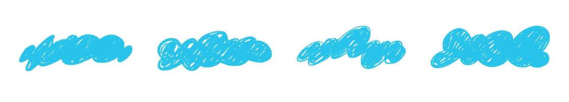 Playful crayon-drawn clouds with chalk texture in pastel colors. Hand-painted sky elements. Flat illustration isolated on white background. vector