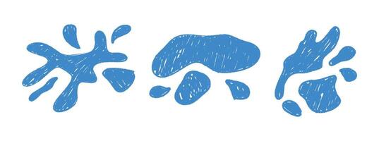 hand draw water puddle tear with raindrop tears and liquid splashes. Blue fluid spills on wet ground surface. Flat illustration isolated on white background. vector