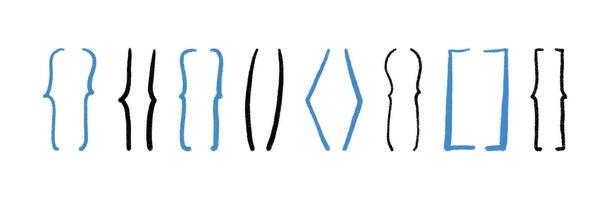 Hand-drawn curly brackets and parenthesis symbols. Typography icons doodle, square braces, text frames and punctuation figures. Flat illustration isolated on white background. vector
