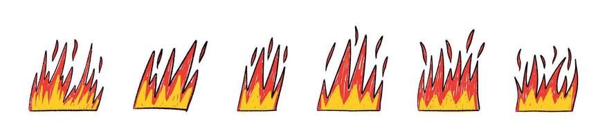 Tribal hand flame with red rock silhouette. Handdrawn fire sketch in retro devil style. Flat illustration isolated on white background. vector