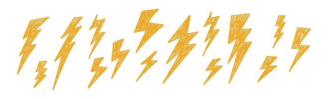 Hand-drawn lightning doodles with yellow rock energy. thunder stars and fiery hearts in crayon sketch style. . Flat illustration isolated on white background. vector