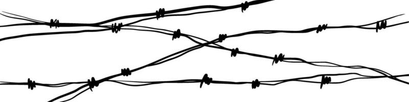 Barbed wire fence silhouette, military border or prison security barrier. Chain-link pattern with sharp spikes, war-themed background element. Flat illustration isolated on white. vector