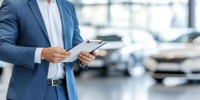 Evaluator checks for scratches and dents while holding a clipboard in bright dealership lighting photo