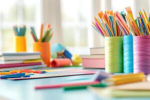 Colorful ribbons and craft supplies cover the table, creating an inviting atmosphere for creativity and fun photo