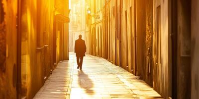 A solitary person walks down a narrow alleyway, shadows stretching under a warm streetlamp photo