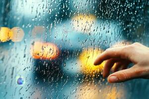 A person gazes sorrowfully out a rain-covered window as a car drives away in the background photo
