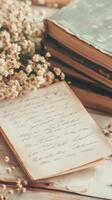 A vintage envelope and letter nestled with dried flowers and a worn book evoke feelings of nostalgia photo
