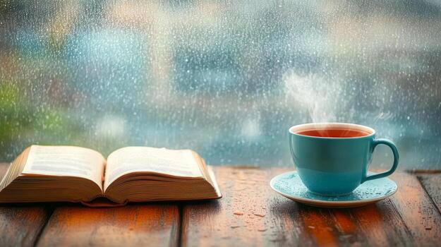 gotas de lluvia crear un calmante fondo mientras un calentar bebida y abierto libro invitación relajación adentro foto