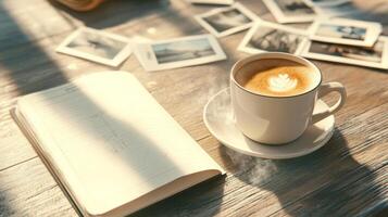 A cozy moment features a cup of espresso next to sketches and old photos on a rustic table