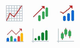 Set of pixel art growth charts. Line, bar, candlestick graphs with upward trends. Ideal for finance, analytics, business, investment, trading. Retro 8 bit red arrows highlight positive dynamics vector