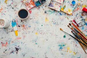 Artist's desk adorned with sketches, paint tools, and half-finished coffee cups showcasing a creative moment photo