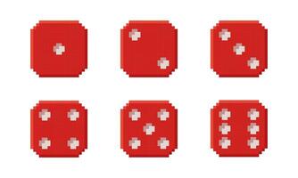 Set of pixel art red dice roll showing numbers 1 to 6. Playing cube sides for board casino game. Retro, 8-bit style isometric pixel graphics. Perfect for games, UI design, and digital projects. vector