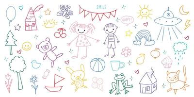 Cute kid scribble mega set in flat graphic design. Bundle elements of childish crayon doodle drawings vector