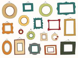 set features various vintage, classic, and decorative frame designs in warm earthy tones, including square, round, and irregular shapes. vector