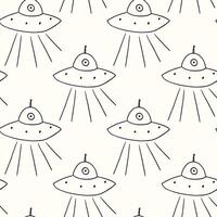 Seamless hand-drawn pattern featuring UFOs emitting beams of light vector
