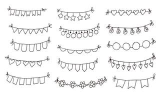 A hand-drawn collection of decorative garlands featuring various designs, including banners with flags, hearts, stars, circles, light bulbs, flowers, and festive elements. vector