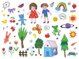 A whimsical and colorful set of children's doodles in a playful, hand-drawn style. vector