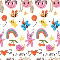 Seamless hand-drawn pattern with colorful doodles of smiling faces, animals, rainbows, hearts, stars, and playful elements. vector