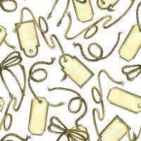 Seamless watercolor pattern. Tags and labels, tags, ropes and bows made of twine. All objects are hand-painted with watercolor. Suitable for printing on fabric, paper, for packaging design vector