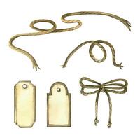 A set of watercolor illustrations. Tags, labels, strings, bows made of rope for decorating goods and gifts, all objects are hand-drawn with watercolors. For printing on paper, fabric, for design decor vector