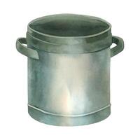 Metallic vintage saucepan gray color hand painted with watercolor and isolated on white background. Watercolor illustration. Suitable for printing on paper, fabric, for decoration vector