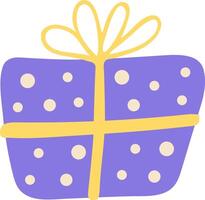 A festive purple box tied with a yellow bow with a polka dot pattern in a flat style. Colorful birthday present vector