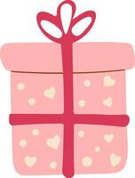 Pink gift box with a bow, polka dot and heart pattern for celebration in flat style, design illustration vector