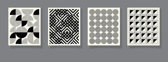 Retro set of 4 minimal vintage 20s geometric design posters, wall art, template, layout with primitive shapes elements. Bauhaus retro pattern background, abstract circle, triangle and square line art vector