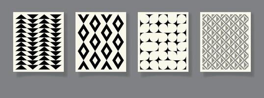 Set of 4 minimal vintage 20s geometric design posters, wall art, template, layout with primitive shapes elements. Bauhaus retro pattern background, abstract circle, triangle square line art vector