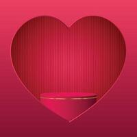 Happy valentine day dark red pink background with cylinder podium inside heart. geometric platform. Abstract mockup product display. Minimal scene. Stage showcase vector