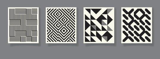 Retro set of four black and white geometric pattern minimal posters with 20s geometric design. Trendy bauhaus pattern background for cover design, poster vector